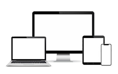 Set of blank screens with computer monitor, laptop, tablet, phone