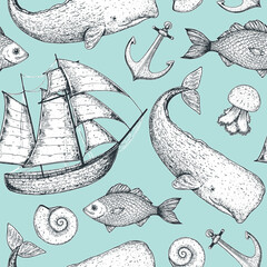 Wall Mural - Nautical seamless pattern. Sailboat, fish, sperm whale, anchor, shell, jelly fish sketch illustration. Hand drawn illustration. Sea set. Vintage background.