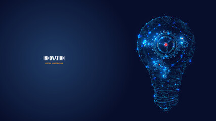 Leinwandbilder - Abstract light bulb with gears inside. Innovation, creativity, business technology idea concept in dark blue. Digital vector wireframe looks like starry sky. Low poly glowing mesh with connected dots