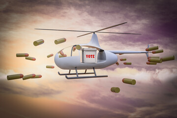 Wall Mural - Helicopter carries a ballot box chased by bullets demonstrating voting issue. 3D illustration