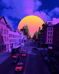 sunset. cityscape in bright colors. trendy neon lighted background, wallpaper with copyspace for ad.
