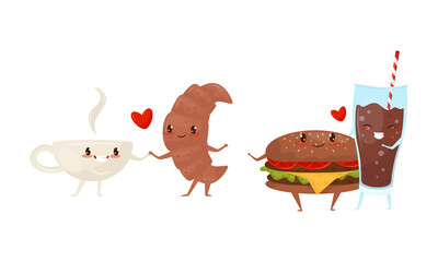 Poster - Kawaii Food Pairs in Love with Coke and Hamburger Hugging Vector Set