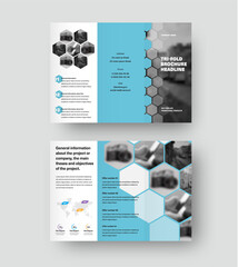 Canvas Print - presentation of vector trifold template with hexagons, blue design elements on white background.