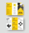 © olegphotor - Vector brochure template, trifold presentation with geometric design, cross and yellow elements.