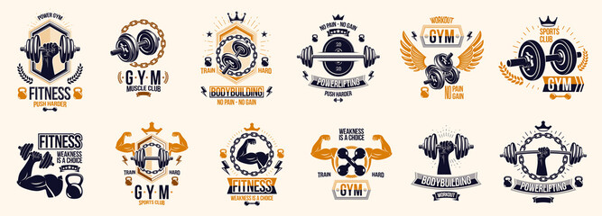 Gym fitness sport emblems and logos vector set isolated with barbells dumbbells kettlebells and muscle body man silhouettes and hands, athletics workout sport club, active lifestyle.