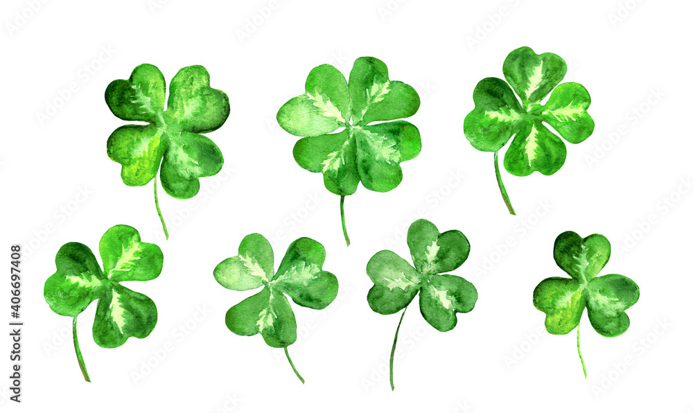 Set of trefoil, clover leaves with 3, 4 four leaf. Watercolor collection for St Patrick day. Celtic, irish symbol of luck - obrazy, fototapety, plakaty 