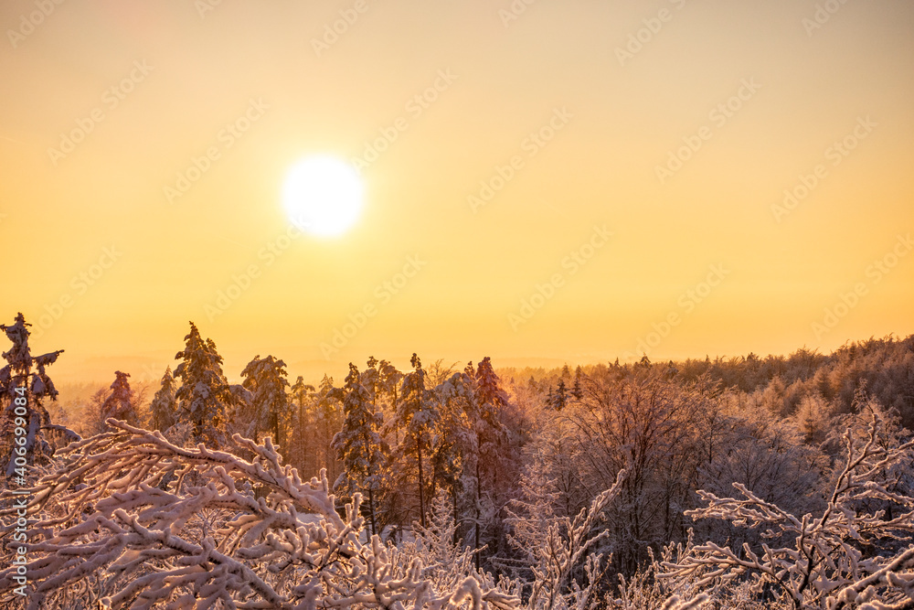 Zima śnieg zachód słońca las kaszuby wieżyca - obrazy, fototapety, plakaty 