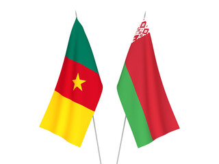 National fabric flags of Belarus and Cameroon isolated on white background. 3d rendering illustration.