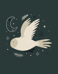 Wall Mural - Creative poster with a flying owl and night sky elements.