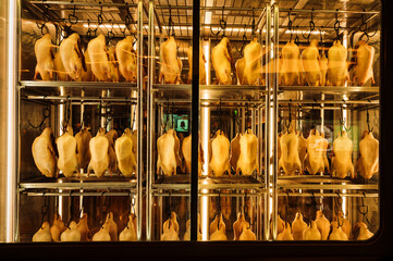 Roast duck and fish on a window display, Hong Kong