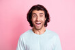 © deagreez - Portrait of shocked person open mouth staring toothy smile light blue clothing isolated on pink color background