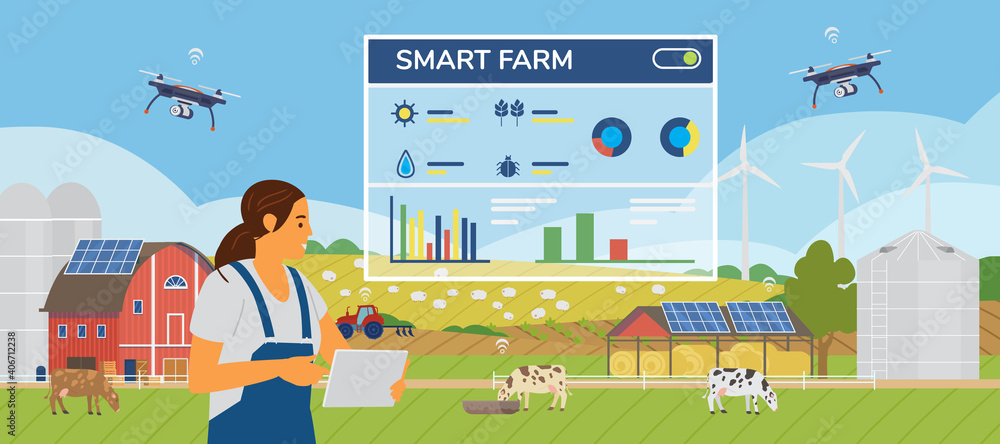 Smart Farm Horizontal Vector Banner.Woman Farmer Holding Tablet ...