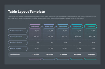Leinwandbilder - Modern business table layout template with the total sum row and place for your content - dark version. Flat design, easy to use for your website or presentation.