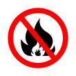 © Wise ant - Icon of ban fire. Sign of forbidden open flame. Symbol of warning of flammable. Danger from ignition in forest. Caution and safety with fire. Hazard from of campfire and matchstick. Stop fire. Vector