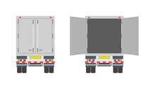 Truck In Back. Van For Delivery. Lorry With Container For Cargo. Open, Closed Door On Trailer. View Rear Of Car For Shipping. Commercial Transport For Post Service, Business. Mockup Of Truck. Vector