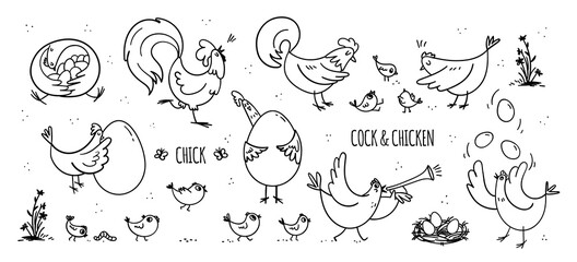 A set of hand-drawn hens and roosters with their little chickens. A collection of funny domestic birds living their own life on the farm. Vector stock illustrations in doodle style isolated on white.