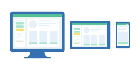 Computer, tablet and phone. Interface for different devices. Web site and application development. Vector illustration in flat style