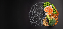 Chalk Hand Drawn Brain Picture With Assorted Food, Food For Brain Health And Good Memory: Fresh Salmon, Vegetables, Nuts, Berries On Black Background. Foods To Boost Brain Power, Top View, Copy Space
