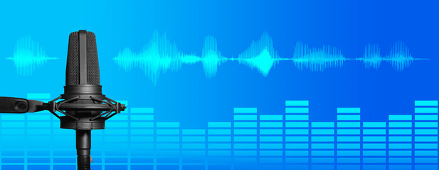 Wall Mural - Microphone blue banner with waveform and equalization vu meter