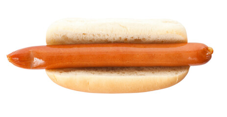 Top view of one single hot dog in a white bun. Studio photo isolated on white background.