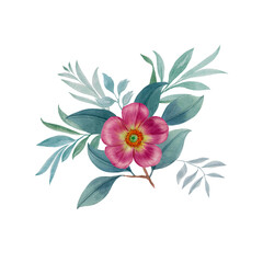  Delicate composition of flower and leaves. Hand drawn watercolor illustration. Suitable for print, poster, greeting card, invitation, postcard, textile design, fabric, wedding decor, wrapping paper.
