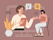 Online psychological consulting with a sad patient concept. Sad girl sitting and talking with a psychologist on a computer, counseling with depressed women by online call. Trendy vector illustration