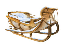 Big Snow-covered Vintage Wooden Sledge Hand Drawn In Watercolor Isolated On A White Background. Watercolor Illustration. Winter Illustration.