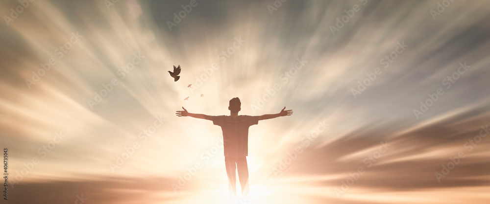 Happy man thinking felling ambitious empowerment energy vision on moutain background. Christian prayer love freedom worship praise God. Strength courage self confidence good for yourself concept - obrazy, fototapety, plakaty 