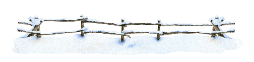 Snow-covered wooded fence with snowdrifts hand drawn in watercolor isolated on a white background. Watercolor illustration.