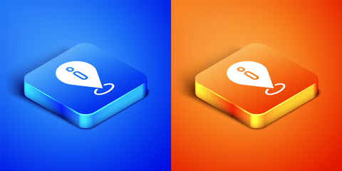 Sticker - Isometric Location with information icon isolated on blue and orange background. Square button. Vector.