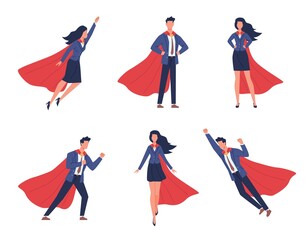 Super businessman characters. Business man and woman in different heroic poses, brave people, flying heroes in flowing capes and suits. Help and victory symbol vector flat cartoon set
