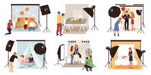 Photo Studio. Photographers Shoot Models In Studios, Fashion Or Romantic, Children And Subject Shooting, People With Professional Cameras And Studio Equipment. Vector Cartoon Scenes Set