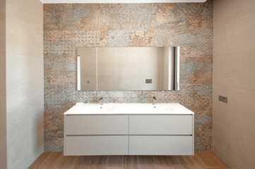 Modern bathroom with luxury tiles. Large shower . Custom furniture.