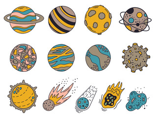 Wall Mural - doodle planets. hand drawn universe planets and meteorites, cute solar system bodies. cosmic element