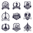 © WinWin - Chess club emblem. Chess game, chess tournament logo, king, queen, bishop and rook chess pieces silhouettes. Tactical game emblems vector illustration set. Victory badges with wreath and shield