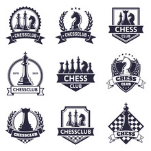 Chess Club Emblem. Chess Game, Chess Tournament Logo, King, Queen, Bishop And Rook Chess Pieces Silhouettes. Tactical Game Emblems Vector Illustration Set. Victory Badges With Wreath And Shield