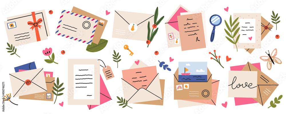 Mail envelopes. Post cards, envelopes, post stamps, craft paper letters ...