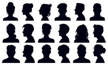Head Silhouettes. Female And Male Faces Portraits, Anonymous Person Head Silhouette Vector Illustration Set. People Profile And Full Face Portraits. Black Outline Avatars, Unknown Characters