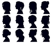 Female Head Silhouette. Women Faces Profile Portraits, Adult Female Anonymous Characters Face Silhouettes. Girls Profiles Vector Illustration Set. Elegant Beautiful Ladies With Hairdo