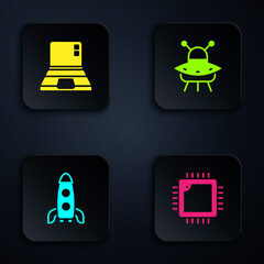 Poster - Set Processor with CPU, Laptop, Rocket ship and UFO flying spaceship. Black square button. Vector.