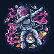 astronaut dabbing style on a space rocket with the stars and planets