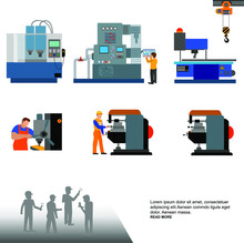 The Process Of Working People For Metal-cutting Machines.Linear Flat Industrial Manufacture Conveyor Machine Vector Illustration.