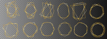 Big Set Of Bright Isolated Vector Golden Grunge. Gold Collection Of Geometrical Polyhedron