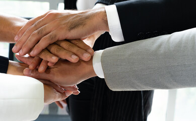 Wall Mural - close up picture of hands of multiethnic business team touching in circle for sign of unity and integrity. togerther concept
