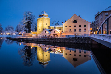 Winter evening in historical city Ceske Budejovice in the Czech Republic