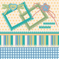  Collection design vector elements for scrapbook.Rectangular frames with a pattern, buttons in the shape of a flower and a heart, lace ribbons, a 
pattern in a cage, stripes and polka dots.