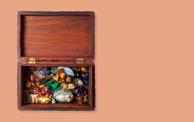 Wall Mural - Gemstone collection in wooden chest. Copy space.