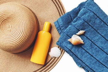 Wall Mural - Top view flat lay composition summer beauty photo, stock image. Wicker sun hat, moisturizing sunscreen lotion, blue cotton towel and seashells