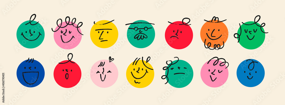 Round abstract comic Faces with various Emotions. Crayon drawing style. Different colorful characters. Cartoon style. Flat design. Hand drawn trendy Vector illustration. - obrazy, fototapety, plakaty 