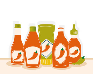 Wall Mural - Hot chili pepper sauce bottles vector design